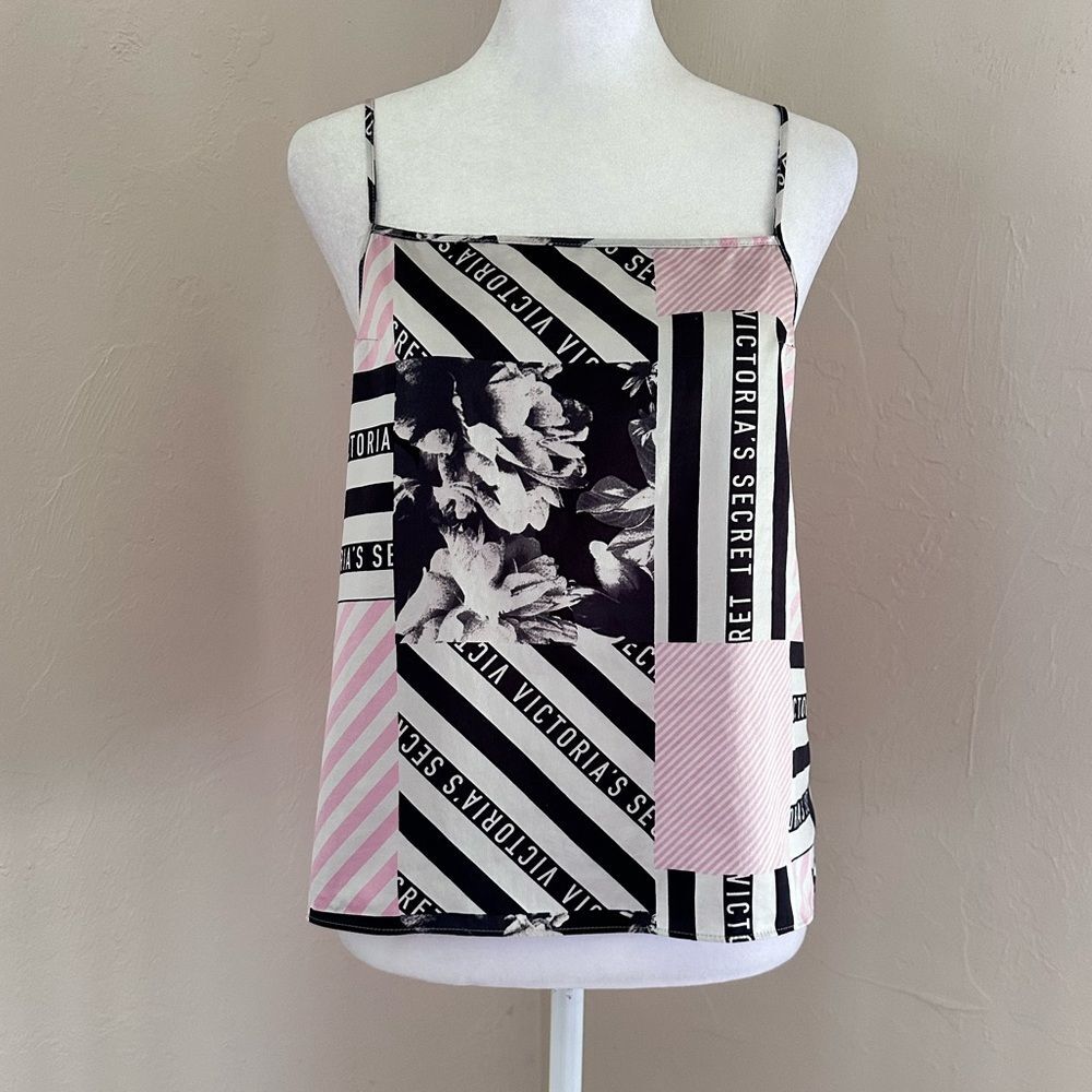 Victoria’s Secret Newspaper Floral Stripe Patchwork Print Satin Cami Tank S